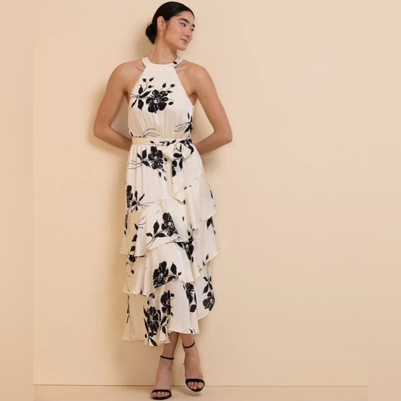 🆕 Ricki’s Asymmetrical Ruffle Halter Dress in Ivory Off White Black Floral - Picture 1 of 4